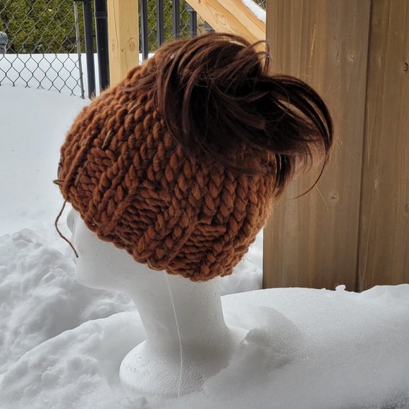 Hand Knitted Wool Ponytail Hat , One Size, cinnamon color - Picture 2 of 7
